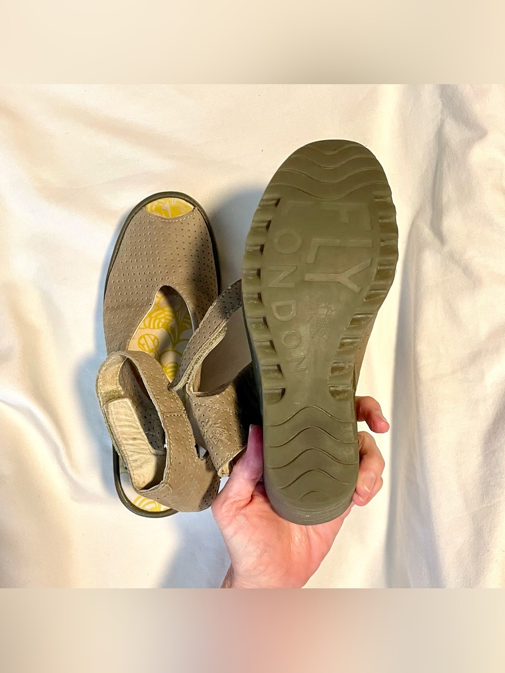 Fly London Yala Perforated Wedge Sandals-Taupe-Ankle Strap/Open Toe-Wm Sz 6 1/2 - Picture 7 of 8